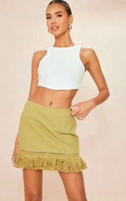 Khaki Tassel Fringe Hem Detail Mini Skirt