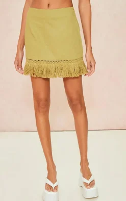 Khaki Tassel Fringe Hem Detail Mini Skirt