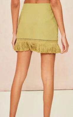 Khaki Tassel Fringe Hem Detail Mini Skirt