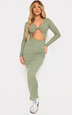 Khaki Textured Cut Out Maxi Dress