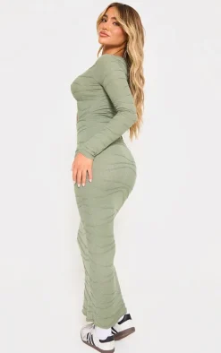 Khaki Textured Cut Out Maxi Dress