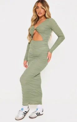 Khaki Textured Cut Out Maxi Dress