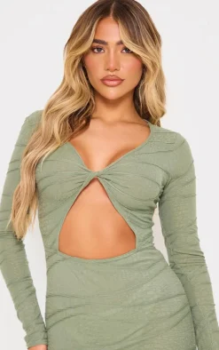 Khaki Textured Cut Out Maxi Dress