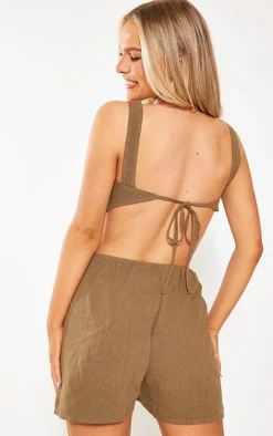 Khaki Textured Cut Out Waist Strappy Romper