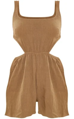 Khaki Textured Cut Out Waist Strappy Romper