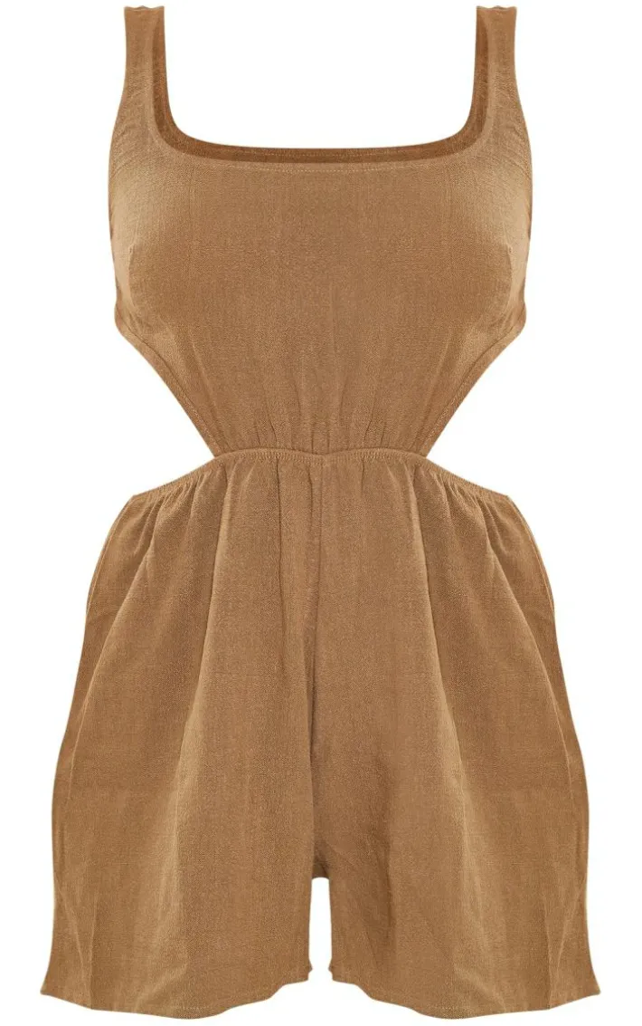 Khaki Textured Cut Out Waist Strappy Romper