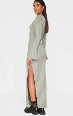 Khaki Textured Flared Sleeve Maxi Dress