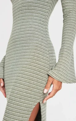 Khaki Textured Flared Sleeve Maxi Dress