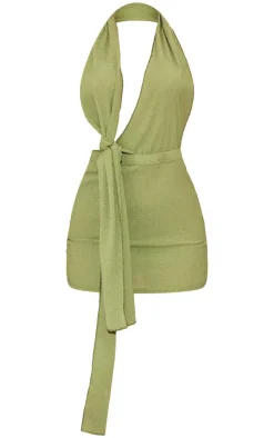 Khaki Textured Halterneck Knot Mini Dress