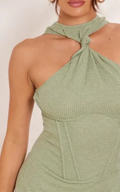 Khaki Textured High Neck Knot Corset Underwired Bodycon Dress