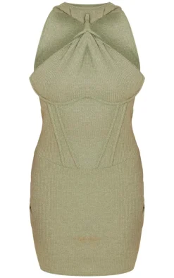 Khaki Textured High Neck Knot Corset Underwired Bodycon Dress