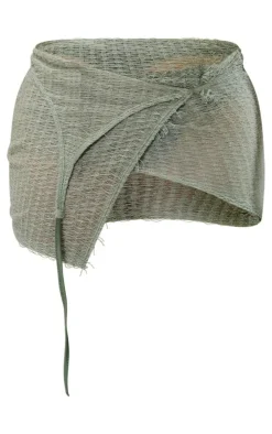 Khaki Textured Jersey Fold Over Tie Detail Micro Mini Skirt