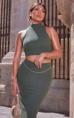 Khaki Textured Jersey High Neck Racer Crop Top