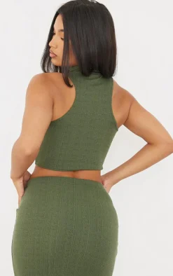 Khaki Textured Jersey High Neck Racer Crop Top