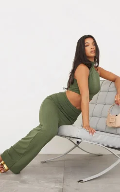 Khaki Textured Jersey High Neck Racer Crop Top