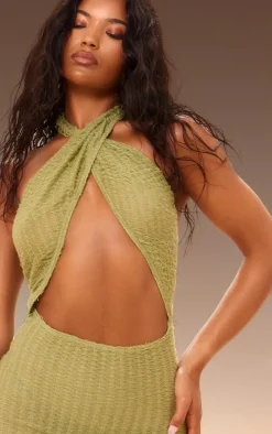 Khaki Textured Knit Cross Front Halterneck Mini Dress