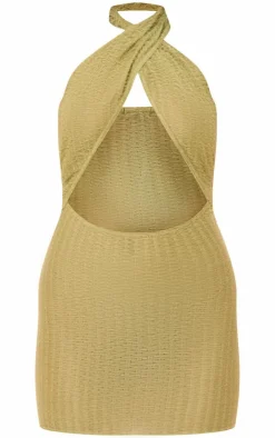 Khaki Textured Knit Cross Front Halterneck Mini Dress