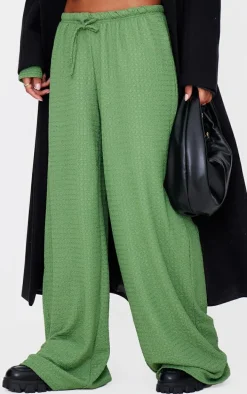 Khaki Textured Low Rise Wide Leg Pants