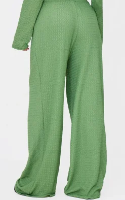 Khaki Textured Low Rise Wide Leg Pants