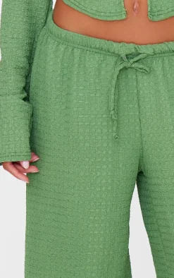 Khaki Textured Low Rise Wide Leg Pants