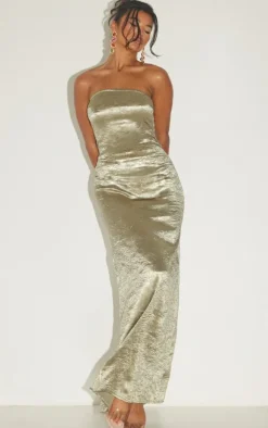 Khaki Textured Satin Cowl Bandeau Maxi Dress