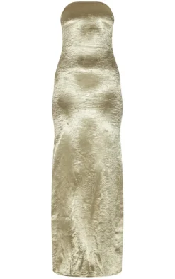 Khaki Textured Satin Cowl Bandeau Maxi Dress