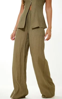 Khaki Textured Sheer Woven Wide Leg Pants