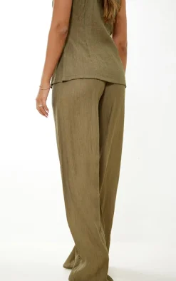 Khaki Textured Sheer Woven Wide Leg Pants