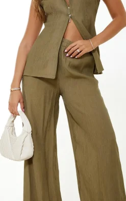 Khaki Textured Sheer Woven Wide Leg Pants