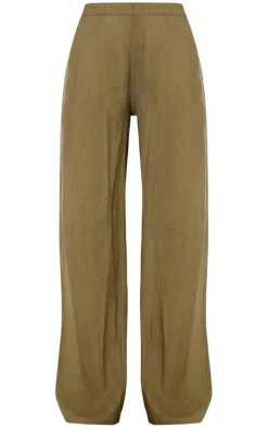 Khaki Textured Sheer Woven Wide Leg Pants