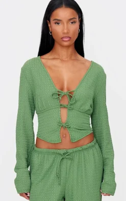 Khaki Textured Tie Front Vest