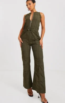 Khaki Textured Zip Up Toggle Jumpsuit