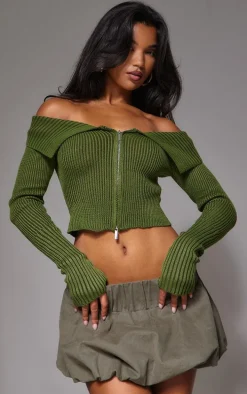 Khaki Thick Rib Knit Foldover Zip Up Bardot Top