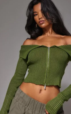 Khaki Thick Rib Knit Foldover Zip Up Bardot Top