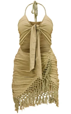 Khaki Tie Bust Ring Detail Tassel Trim Linen Bodycon Dress