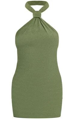 Khaki Towelling Knot Halterneck Bodycon Dress