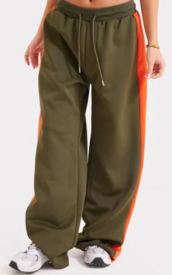 Khaki Tricot Side Stripe Wide Leg Track Pants