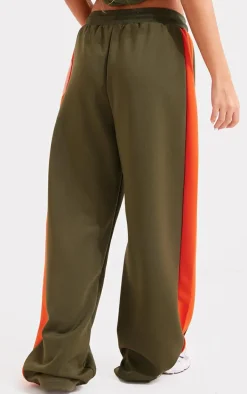 Khaki Tricot Side Stripe Wide Leg Track Pants