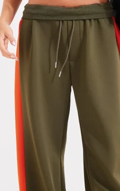 Khaki Tricot Side Stripe Wide Leg Track Pants