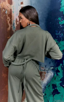 Khaki Tube Strap Detail Cropped Sweatshirt