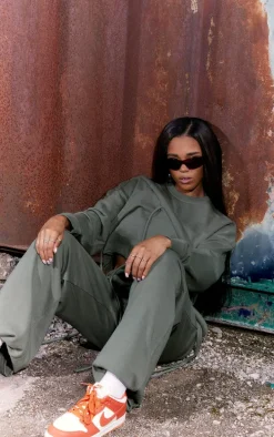 Khaki Tube Strap Detail Cropped Sweatshirt