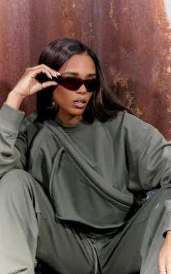 Khaki Tube Strap Detail Cropped Sweatshirt