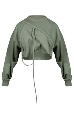 Khaki Tube Strap Detail Cropped Sweatshirt