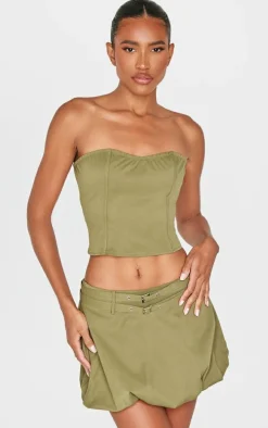 Khaki Twill Buckle Detail Bandeau Corset Top