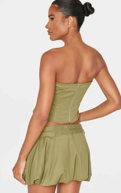 Khaki Twill Buckle Detail Bandeau Corset Top