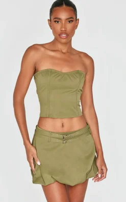 Khaki Twill Buckle Puff Ball Skirt