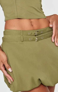 Khaki Twill Buckle Puff Ball Skirt