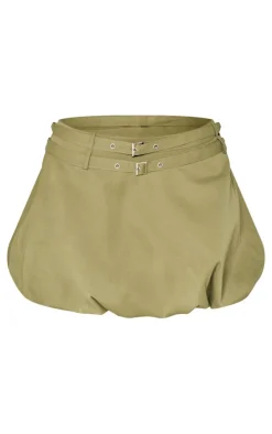 Khaki Twill Buckle Puff Ball Skirt