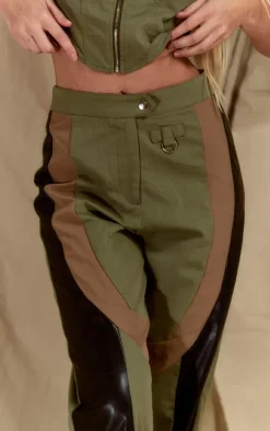 Khaki Twill Contrast Panel Straight Leg Pants