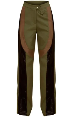 Khaki Twill Contrast Panel Straight Leg Pants